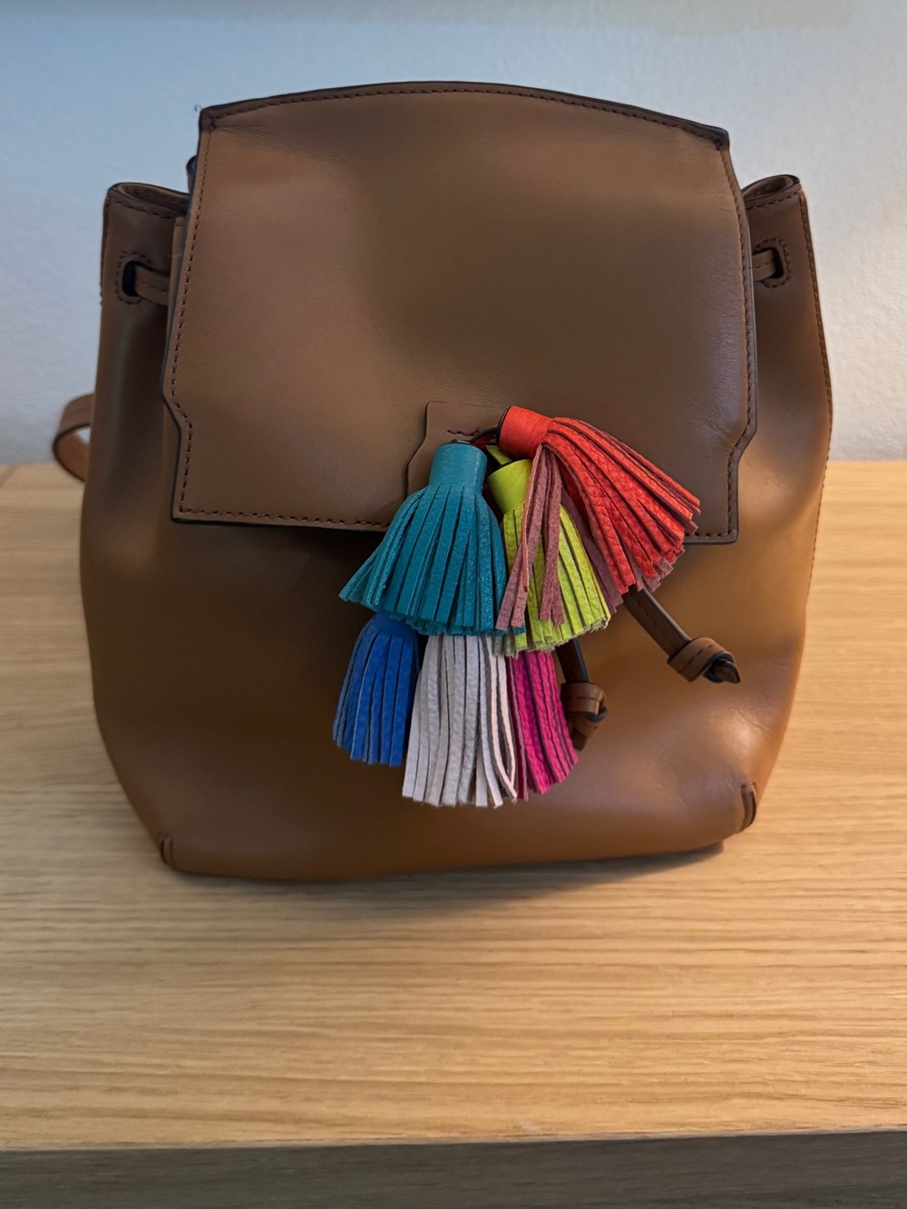 Rebecca Minkoff Tan Leather Backpack with Colorful Tassels